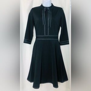 Coeur de Vague Black Dress Sz 2/4 Small Fit Flare Stitch Detail Pockets Midi